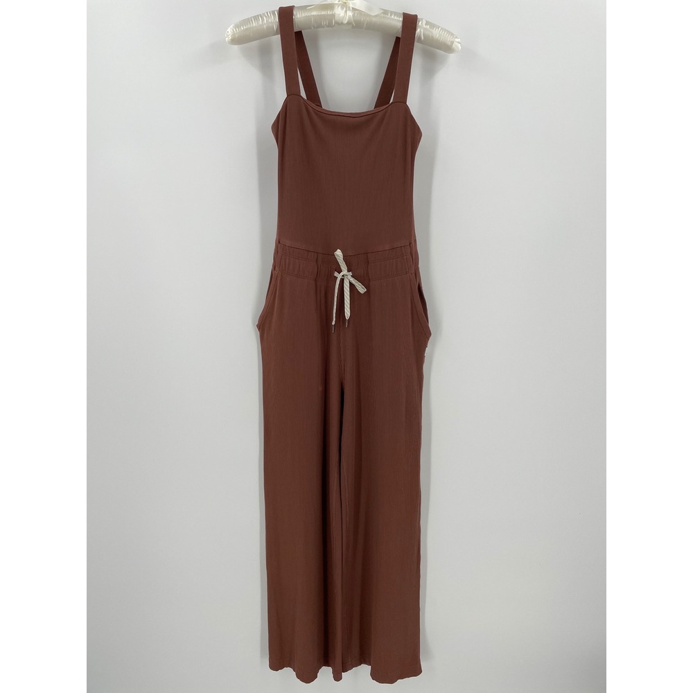 Vuori Mudra Jumpsuit Hazelnut Rib Knit Wide Leg Drawstring Pockets XS